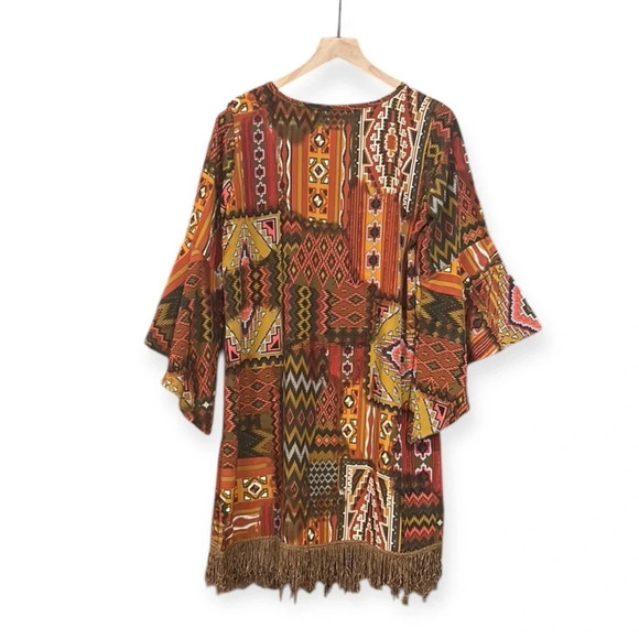 Uncle Frank Aztec Print Bell Sleeve Fringe Boho Style Dress Size Medium - Picture 3 of 12